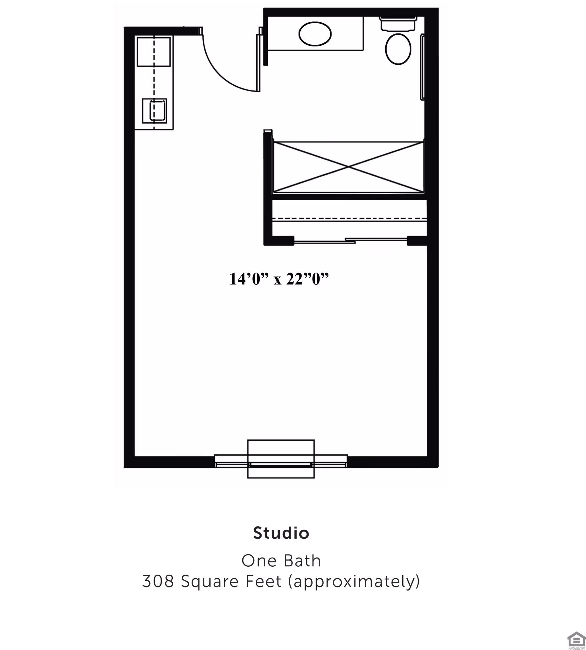Floor plan of a studio apartment at Lucas Court showing one bathroom, a kitchenette, and a main living area measuring 14 feet by 22 feet, with a total area of approximately 308 square feet.