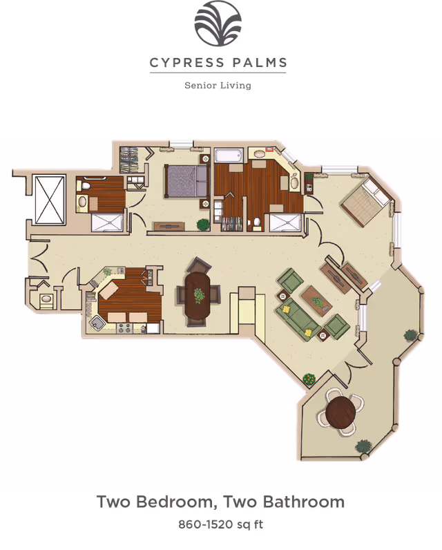 Floor plan of a two-bedroom, two-bathroom senior living apartment at Cypress Palms. The layout includes a kitchen with appliances and counter space, a dining area with a table and chairs, a living room with sofas and a coffee table, two bedrooms each with beds and furniture, two bathrooms, and a small round table with chairs in a sunroom or enclosed porch area.