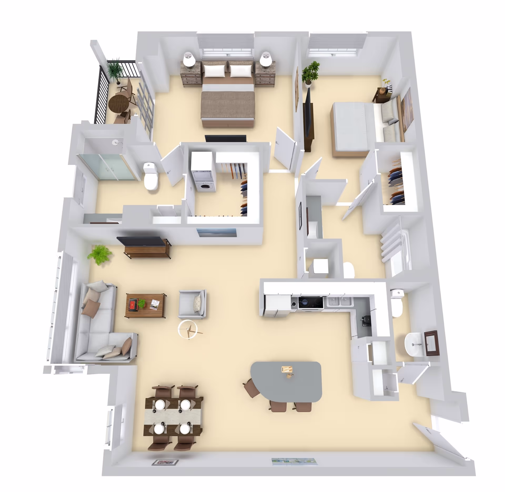 3D rendered overhead floor plan of a two-bedroom apartment showing a living room, dining area, kitchen, two bedrooms, bathrooms, closets and a small balcony.