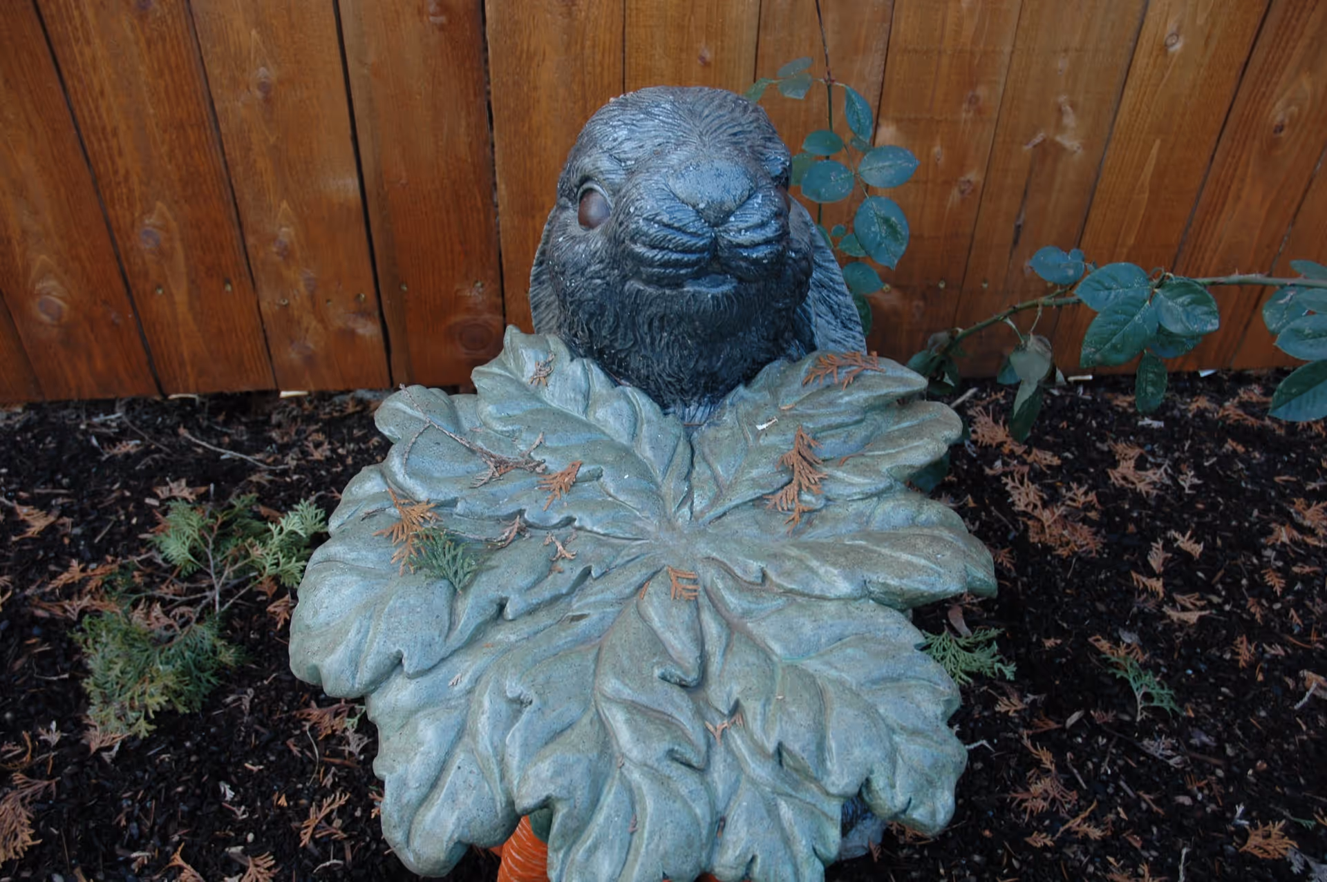 A garden statue of a rabbit holding a large leaf, placed in a mulched garden bed with some green plants and a wooden fence in the background.