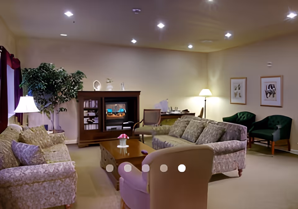A cozy living room with two patterned sofas, a wooden coffee table with a small flower arrangement, a TV cabinet with a television, a floor lamp, two green armchairs, framed artwork on the wall, and a large potted plant near a window with dark curtains.
