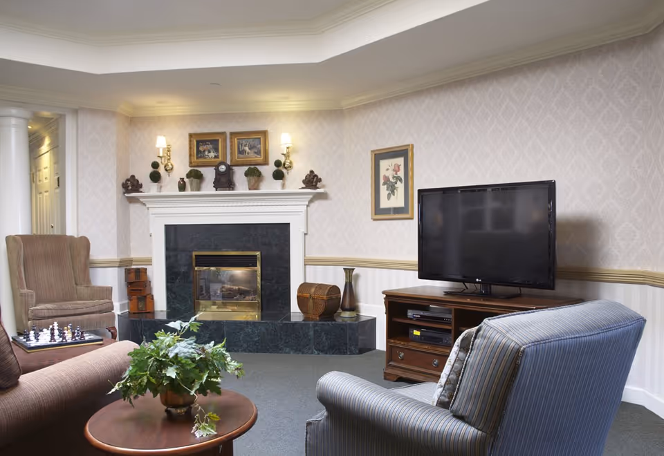 Cozy living room with a fireplace, flat-screen TV, armchairs, and a coffee table with a potted plant.