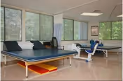 A bright physical therapy/rehab room with treatment tables and exercise equipment beside large windows.