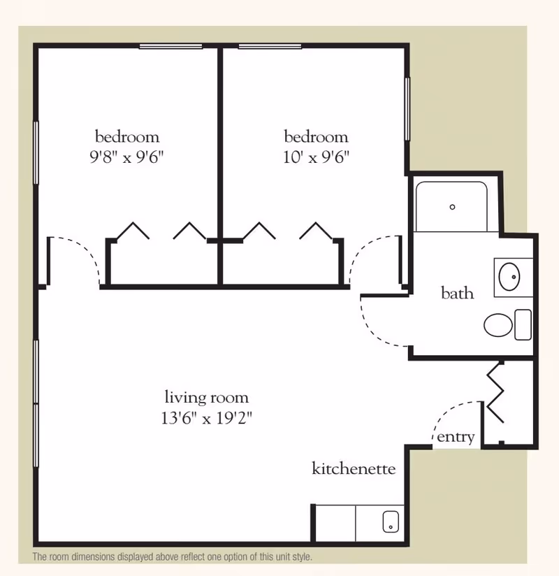 Floor plan of a senior living unit at Atria Bethlehem showing two bedrooms, a living room, a kitchenette, a bathroom, and an entry area with room dimensions.