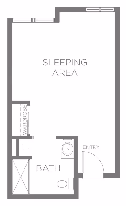 Floor plan layout showing a sleeping area with an adjacent bathroom and wardrobe. The entry door opens into the sleeping area, and the bathroom includes a shower, toilet, and sink.