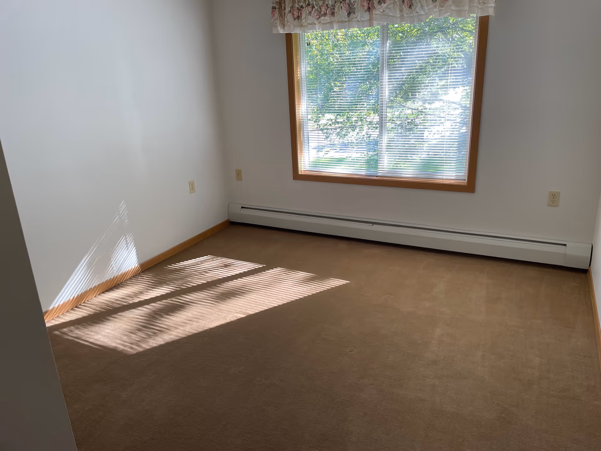 Empty room with beige carpet, white walls, a large window with blinds partially open, and a floral valance. Sunlight casts shadows of the blinds onto the carpet.