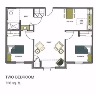 Floor plan of a two-bedroom apartment with a total area of 726 square feet. The layout includes two bedrooms, a bathroom, a kitchen with a clear glass shower, and a living area furnished with chairs and a small table.