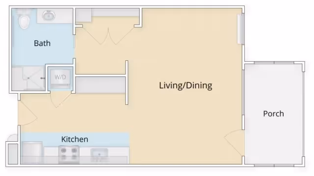 Floor plan of a studio-style apartment showing a kitchen, bathroom with W/D closet, a combined living/dining area and an attached porch.
