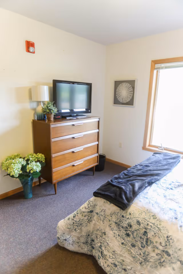 A bedroom with a wooden dresser holding a flat-screen TV, a lamp, and a small plant. There is a bed with a patterned bedspread and a dark blanket folded on top. A window with wooden trim lets in natural light, and a framed artwork hangs on the wall. A vase with green flowers is placed on the floor next to the dresser.
