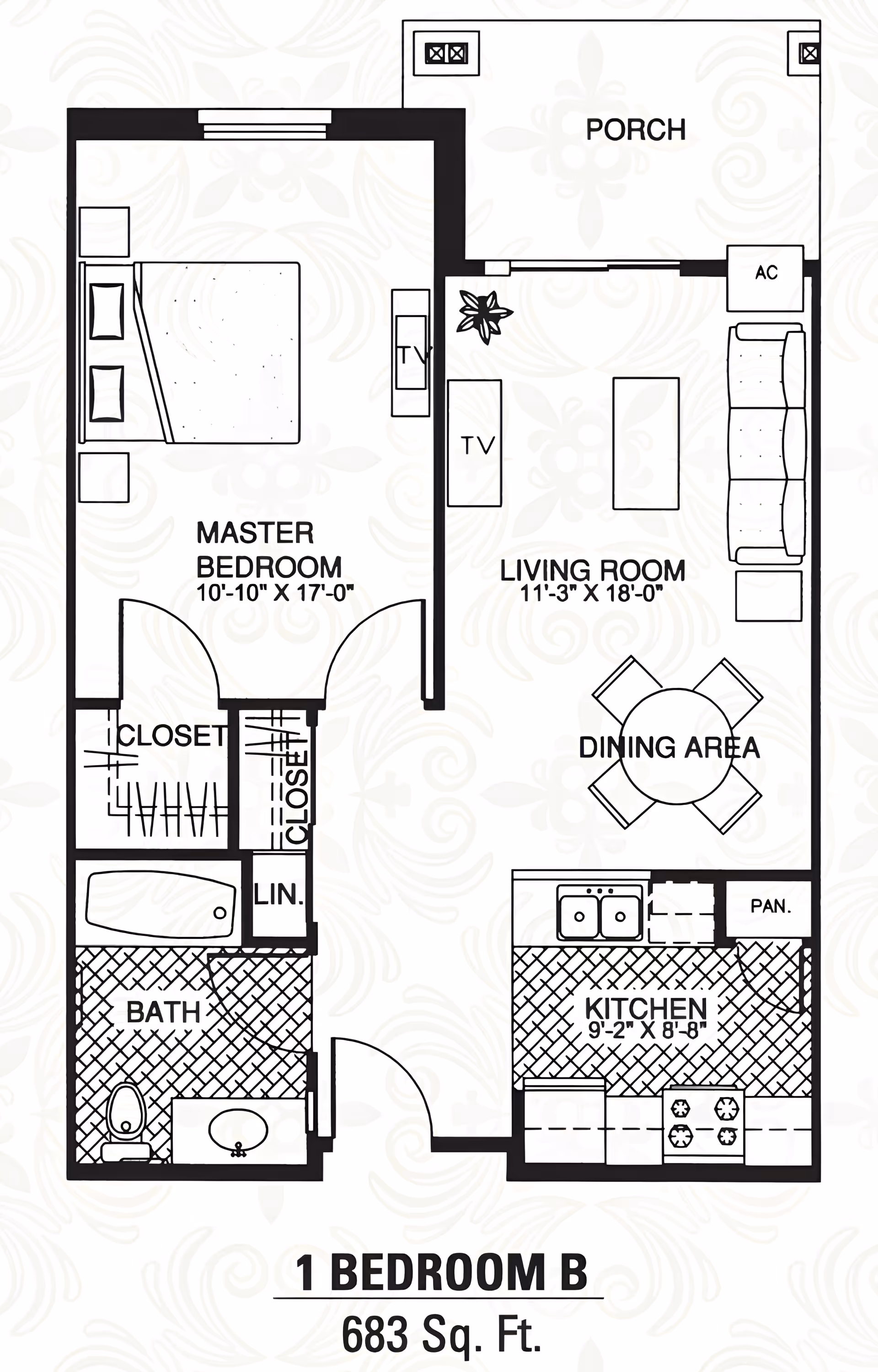 Floor plan of a one-bedroom apartment labeled '1 Bedroom B' with 683 square feet. It includes a master bedroom with two closets, a bathroom, a living room with a dining area, a kitchen, and a porch. The layout shows furniture placement including a bed, sofa, dining table, and kitchen appliances.