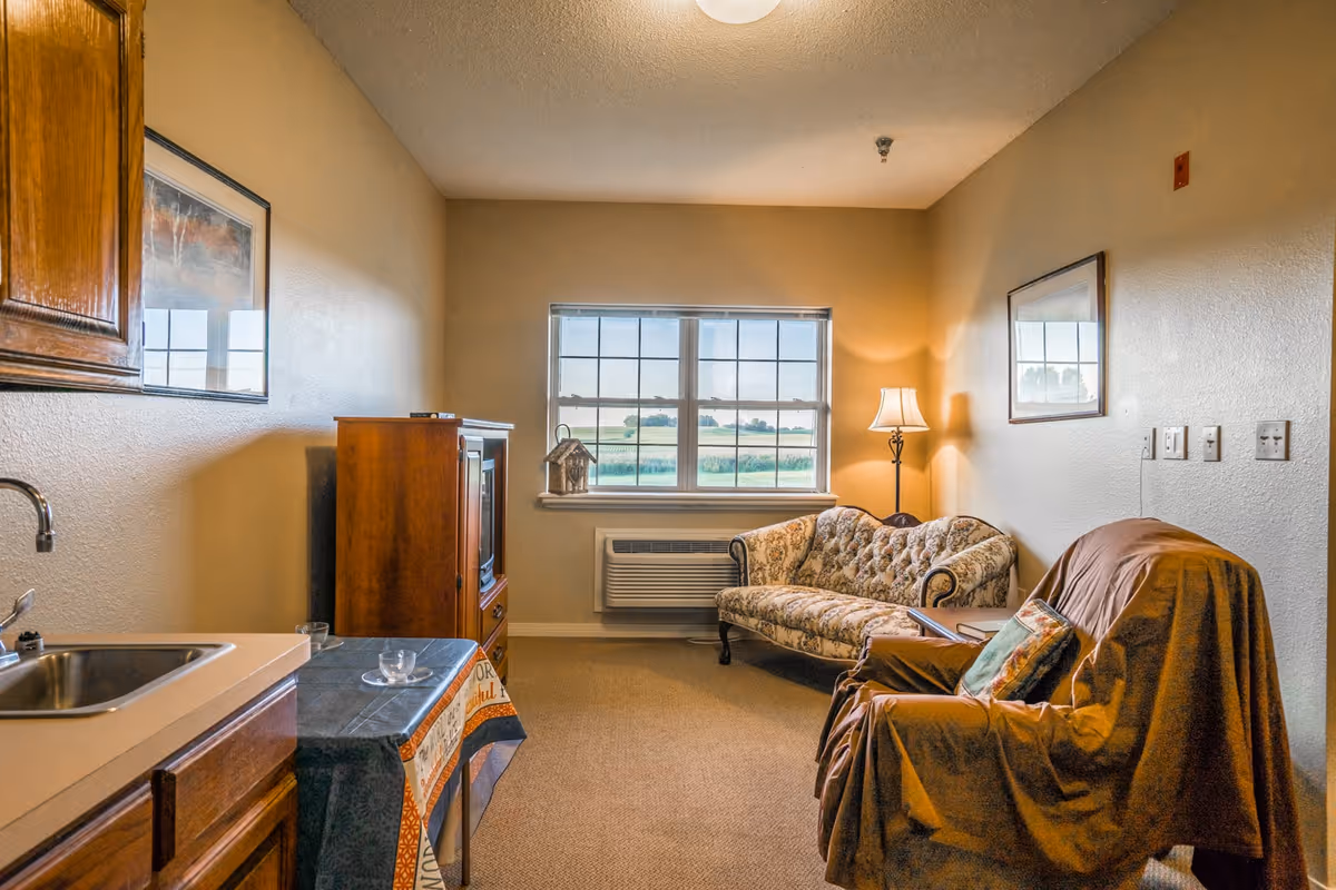 Cozy sitting area with a patterned loveseat and covered armchair by a window, a floor lamp, kitchenette sink and TV cabinet visible.