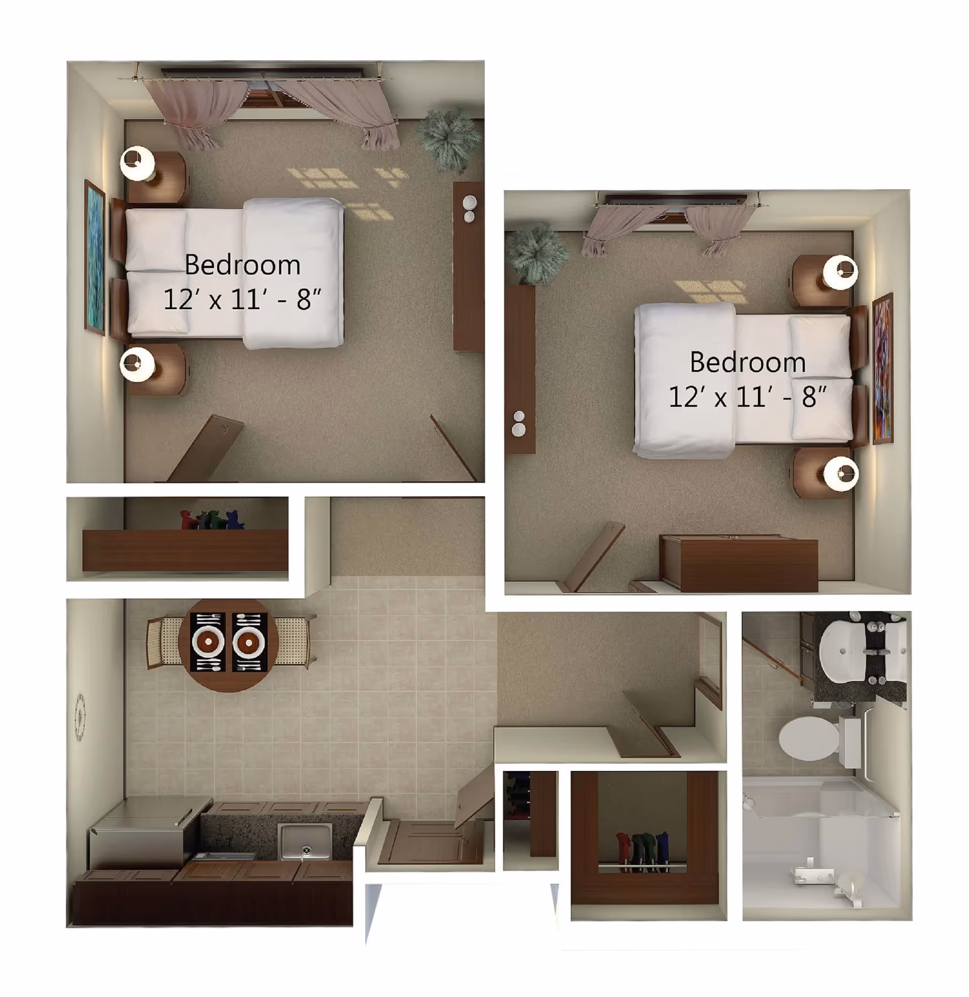 Top-down floor plan of a two-bedroom assisted living apartment showing two labeled bedrooms (12' x 11' - 8"), a kitchen/dining area, bathroom and closets.