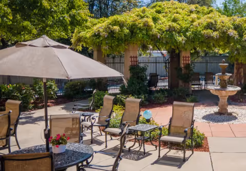 Outdoor patio area with several metal chairs and tables, one table with a large beige umbrella and a small potted plant with pink flowers. In the background, there is a pergola covered with green vines, a stone fountain, and a fence with trees behind it.