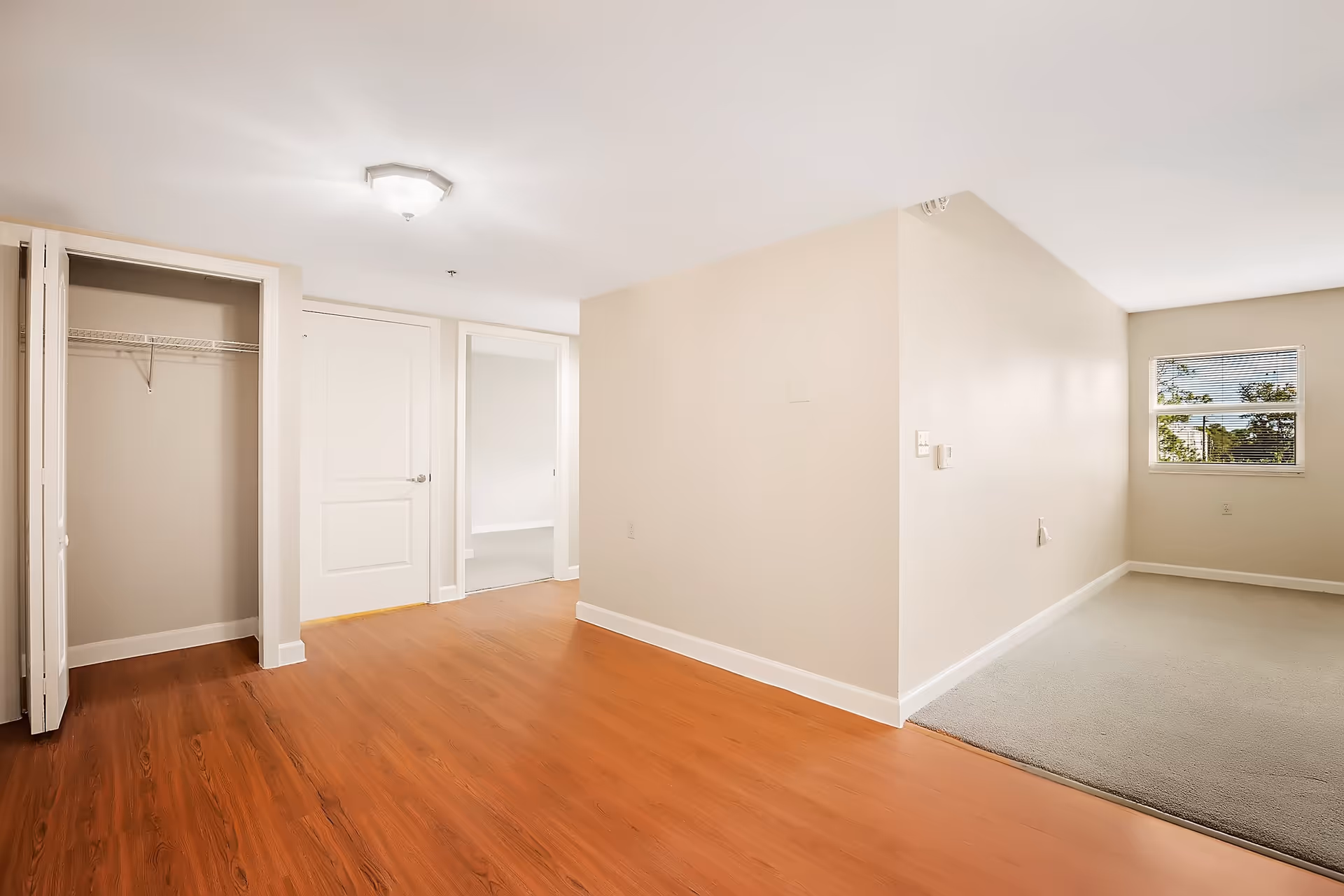 Empty interior room with light beige walls, wood flooring in the foreground, and carpeted area in the background near a window with blinds. There is an open closet with a wire shelf on the left, a closed white door in the center, and an open doorway leading to another room. Ceiling light fixture is visible.