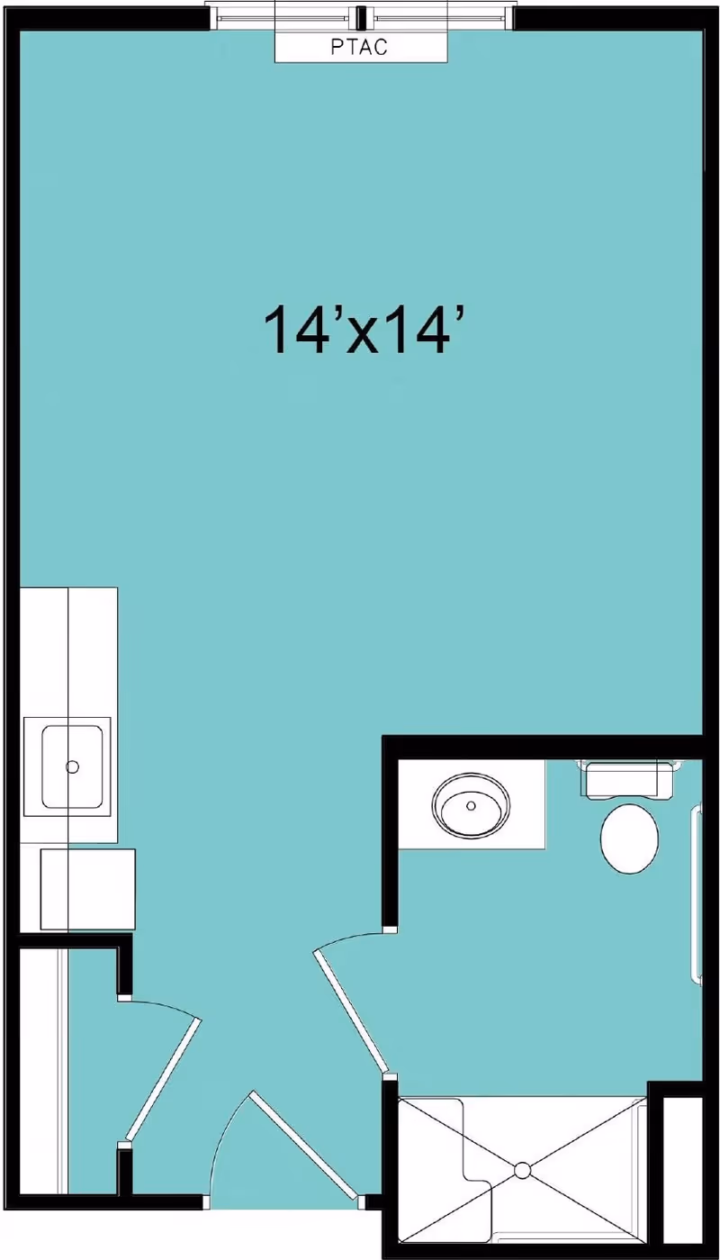 Floor plan of a 14 feet by 14 feet room with an attached bathroom. The room includes a kitchenette area with a sink and counter on the left side. The bathroom contains a sink, toilet, and shower. The entrance door is located at the bottom center of the plan.