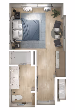 Top-down rendered floor plan of a studio apartment showing a bed, bedside tables, seating area, kitchenette, and a bathroom.