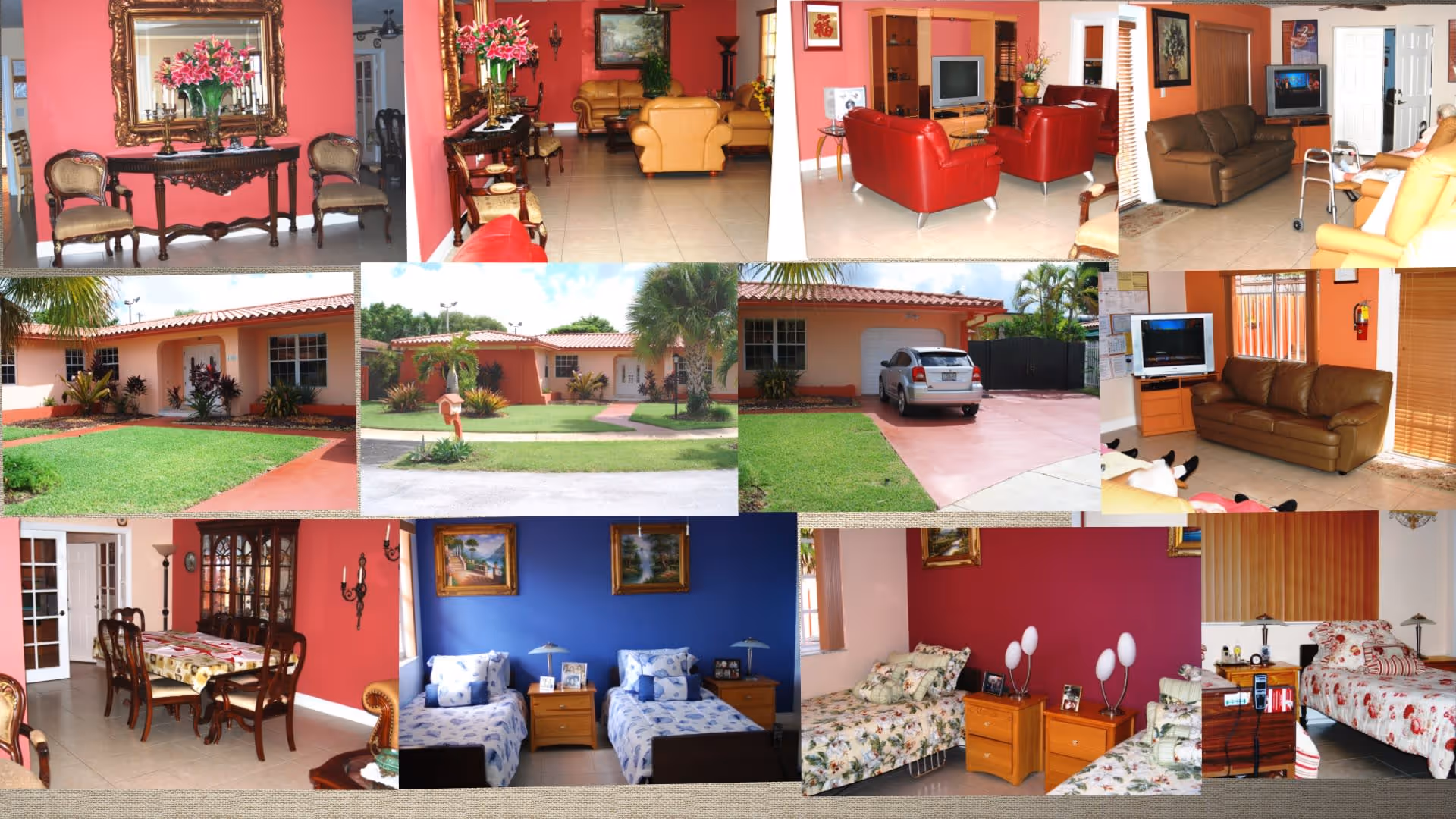 A collage of images showing various areas of Fe Isabel Residence Inc, including living rooms with different seating arrangements and televisions, exterior views of the residence with lawns and driveways, a dining room with a wooden table and chairs, and bedrooms with twin and single beds decorated with floral and blue-themed bedding.