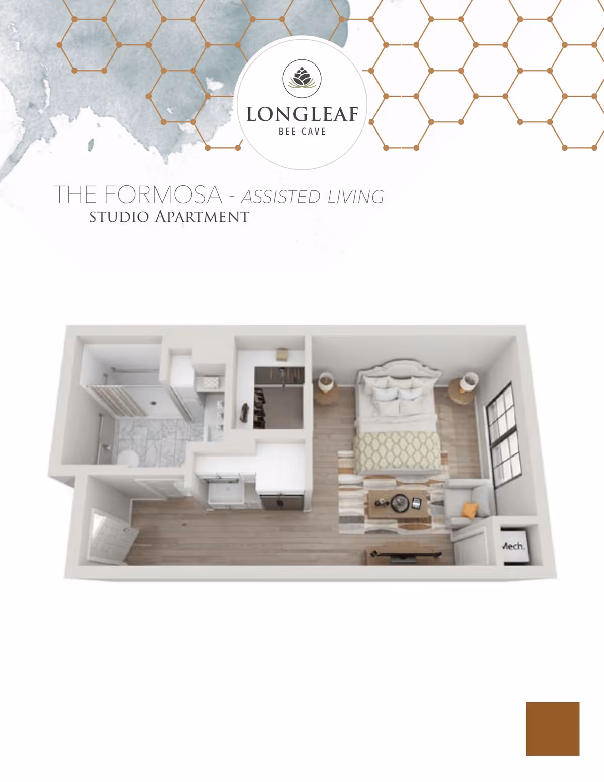 3D floor plan of The Formosa studio apartment for assisted living at Longleaf Bee Cave, showing a combined living and sleeping area with a bed, nightstands, a small sitting area with a chair and coffee table, a kitchenette, a bathroom with shower, and a closet.
