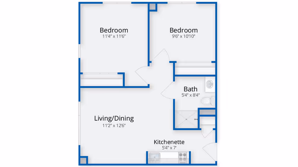 Floor plan of a senior living apartment at Benchmark Senior Living at Hamden showing two bedrooms, a combined living and dining area, a kitchenette, and a bathroom with dimensions labeled for each room.