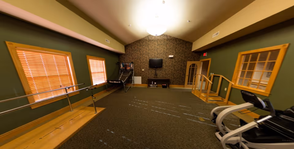 A spacious room with green walls and carpeted floor featuring exercise equipment including parallel bars, a treadmill, and a basketball arcade game. The room has two windows with wooden blinds, a TV mounted on a patterned wallpapered wall, and a small set of wooden stairs with handrails leading to a door.
