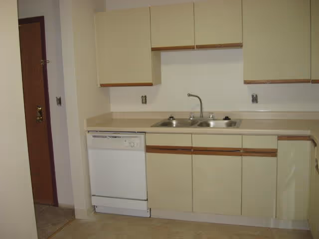 Small kitchen with beige cabinets, a double sink, and a white dishwasher.
