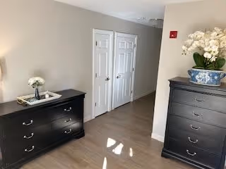 A hallway area with light wood flooring and beige walls featuring two black dressers with silver handles. One dresser has a small vase with white flowers and a tray, while the other has a large blue and white ceramic pot with white orchids. There are two white doors at the end of the hallway.