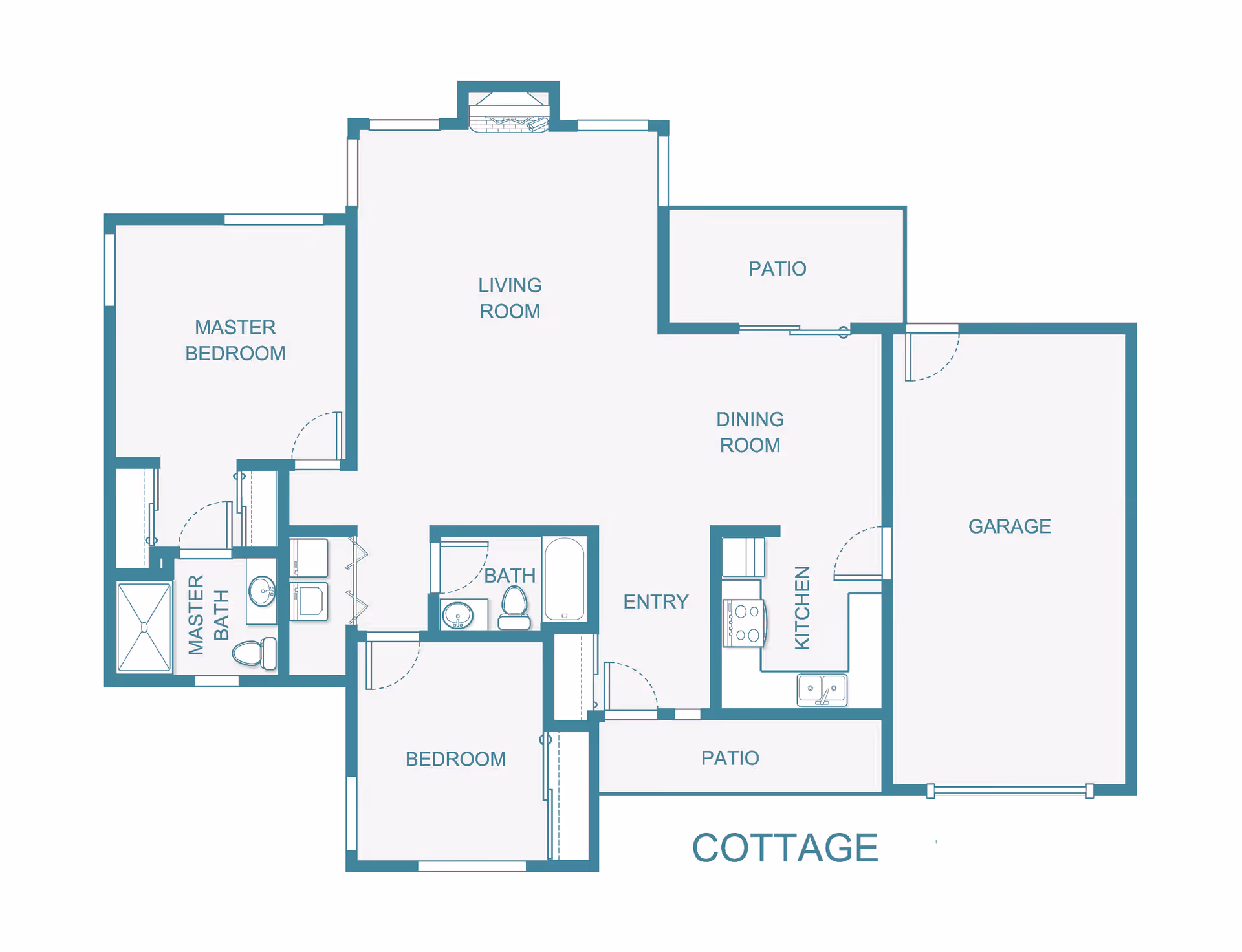 Architectural floor plan of a cottage showing a master bedroom with master bath, a second bedroom, a living room, a dining room, a kitchen, two patios, a garage, and an entry area.