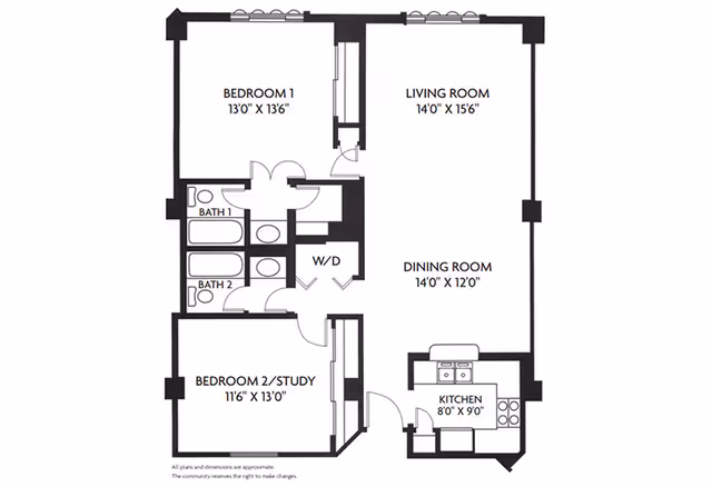 Black-and-white floor plan showing a two-bedroom (one labeled bedroom 2/study) apartment with living room, dining room, kitchen, two bathrooms, and a washer/dryer.
