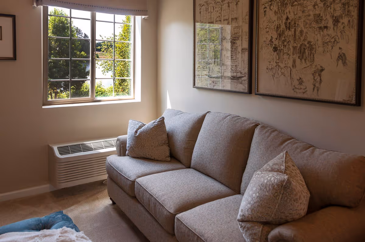 A cozy living room with a beige sofa adorned with patterned throw pillows, positioned next to a window with a view of green trees outside. Two framed artworks hang on the wall above the sofa, and a heating or air conditioning unit is installed below the window.