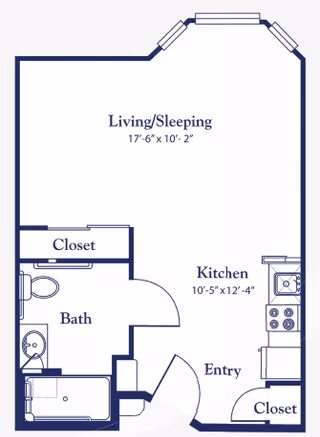 Floor plan of a living space at Quail Park on Cypress showing a combined living and sleeping area measuring 17 feet 6 inches by 10 feet 2 inches, a kitchen area measuring 10 feet 5 inches by 12 feet 4 inches, an entryway, a bathroom with a bathtub, toilet, and sink, and two closets.