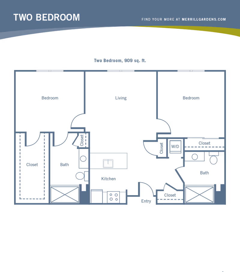 Floor plan of a two-bedroom apartment with 909 square feet. The layout includes two bedrooms, two bathrooms, a living area, a kitchen, closets, an entryway, and a washer/dryer area.