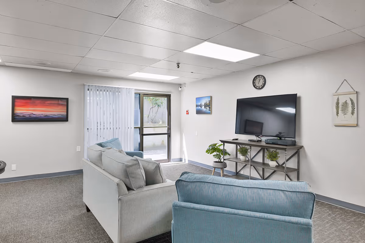 Communal lounge with sofas facing a wall-mounted TV, a console table with plants, artwork on the walls, and a sliding glass door.