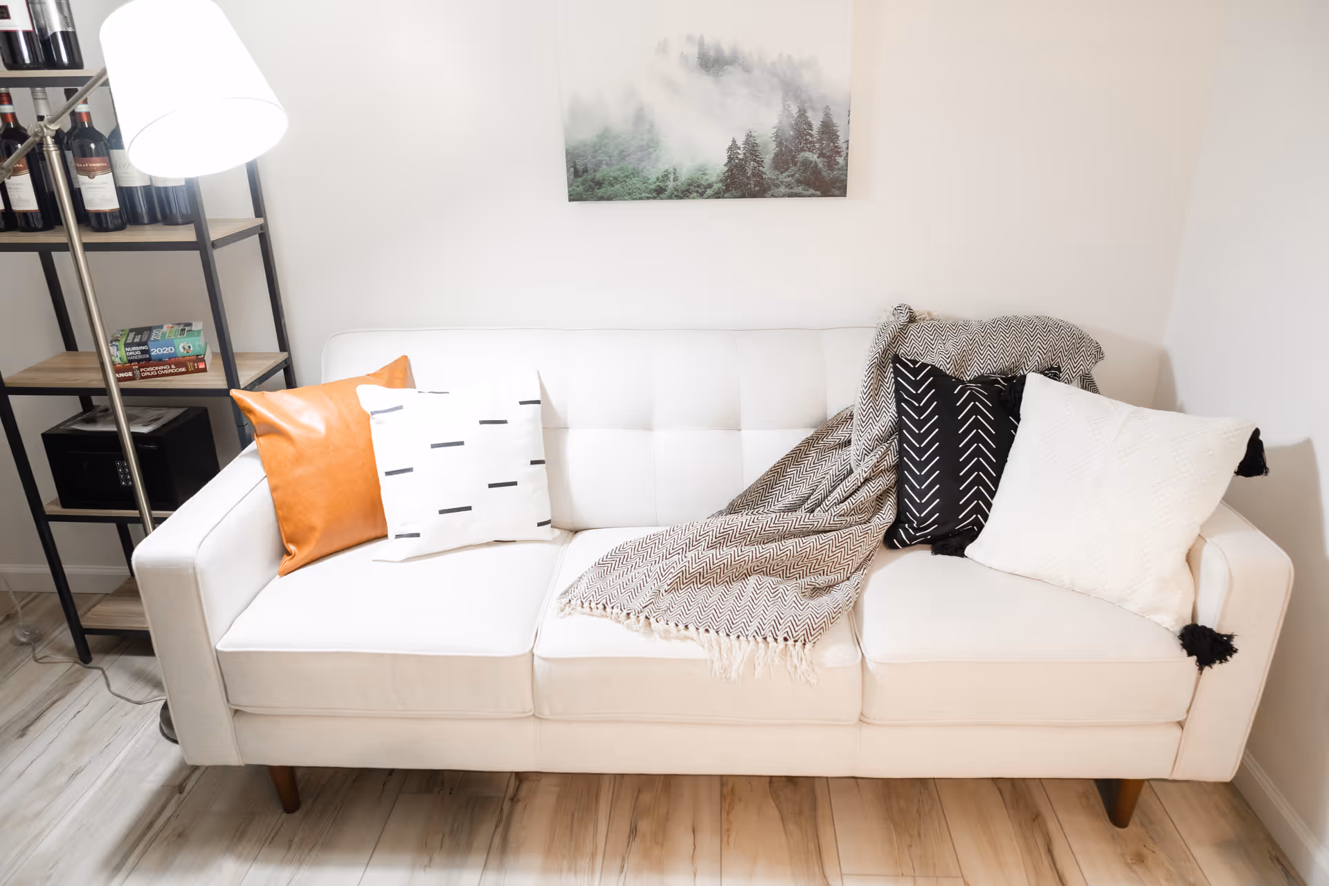 White sofa with cushions and throw blanket in a bright modern living room.