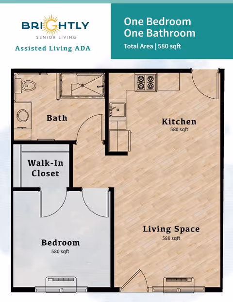 Floor plan of a one bedroom, one bathroom assisted living apartment with a total area of 580 square feet. The layout includes a bedroom with a walk-in closet, a bathroom, a kitchen, and a living space.