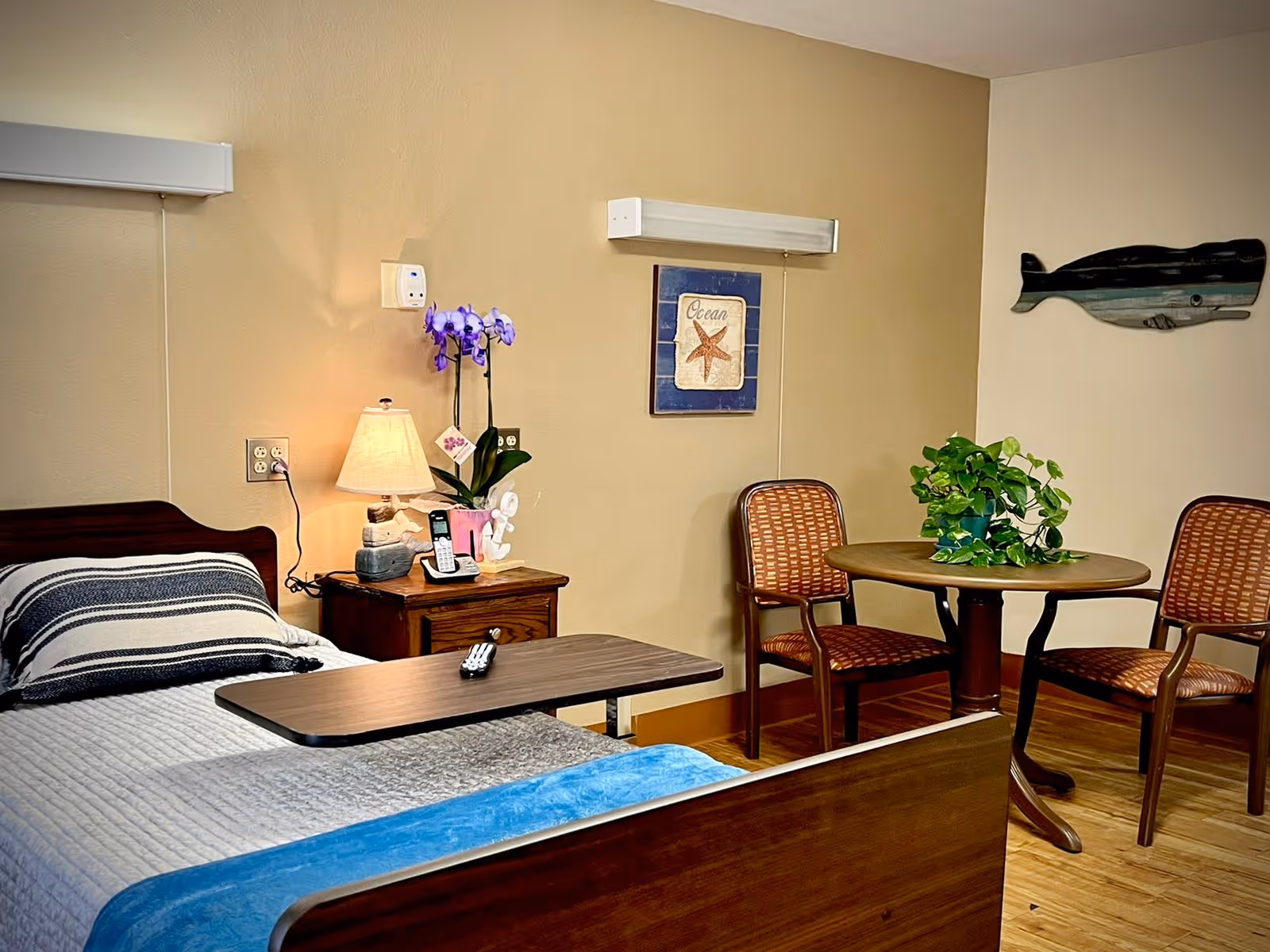 A cozy room with a single bed covered with a gray quilt and a striped pillow. Next to the bed is a wooden nightstand with a lamp, a purple orchid plant, a telephone, and a small angel figurine. A wooden overbed table is positioned over the bed. On the wall above the nightstand is a framed picture of a starfish with the word 'Ocean'. There is a small round wooden table with two chairs and a green potted plant on it. A decorative whale wall art is mounted on the adjacent wall. The room has wooden flooring and beige walls.