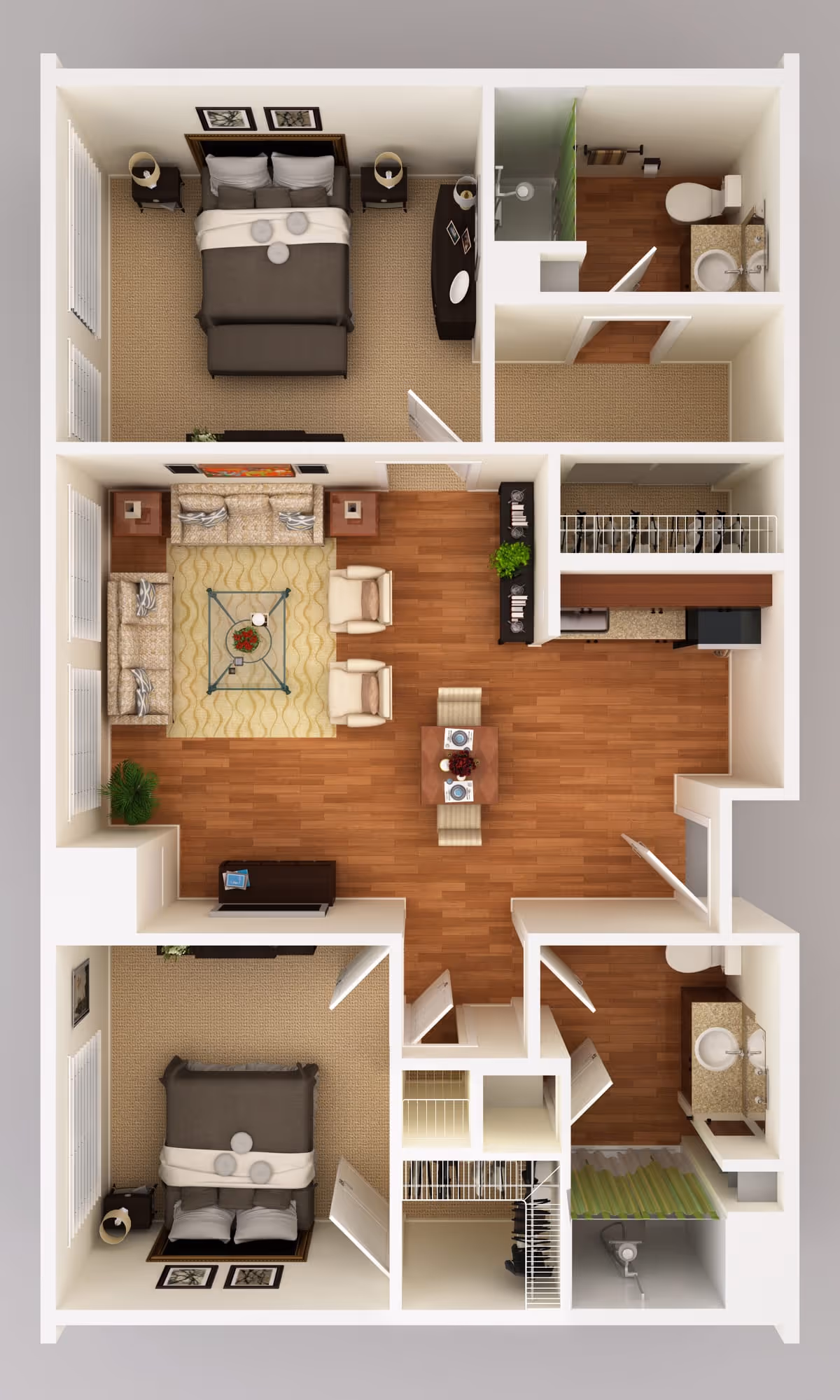 3D floor plan of a senior living apartment featuring two bedrooms, two bathrooms, a living room with sofas and chairs, a dining area with a table and chairs, and a kitchen with appliances and cabinetry.