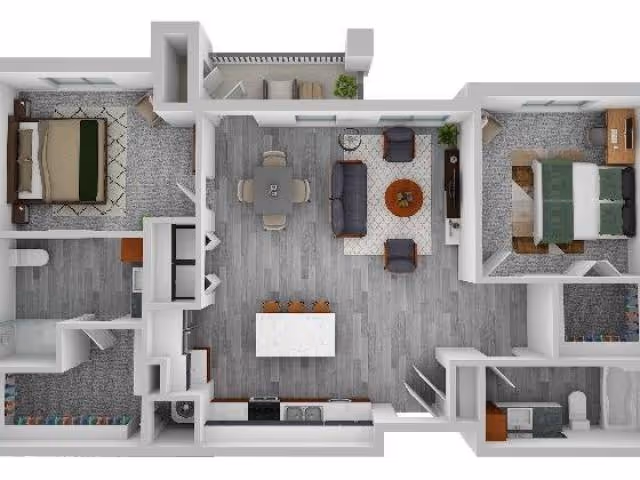 Top-down view of a two-bedroom apartment floor plan featuring a living room with a sofa, two chairs, and a coffee table, a dining area with a table and four chairs, a kitchen with an island and bar stools, two bedrooms with beds and nightstands, and two bathrooms.