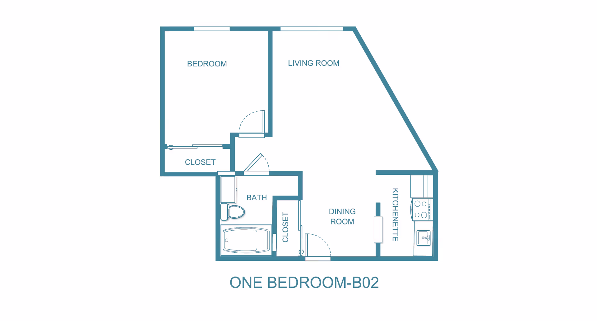 Floor plan layout of a one-bedroom apartment labeled ONE BEDROOM-B02, showing a bedroom with closet, living room, dining room, kitchenette, bathroom with bathtub and toilet, and an additional closet.