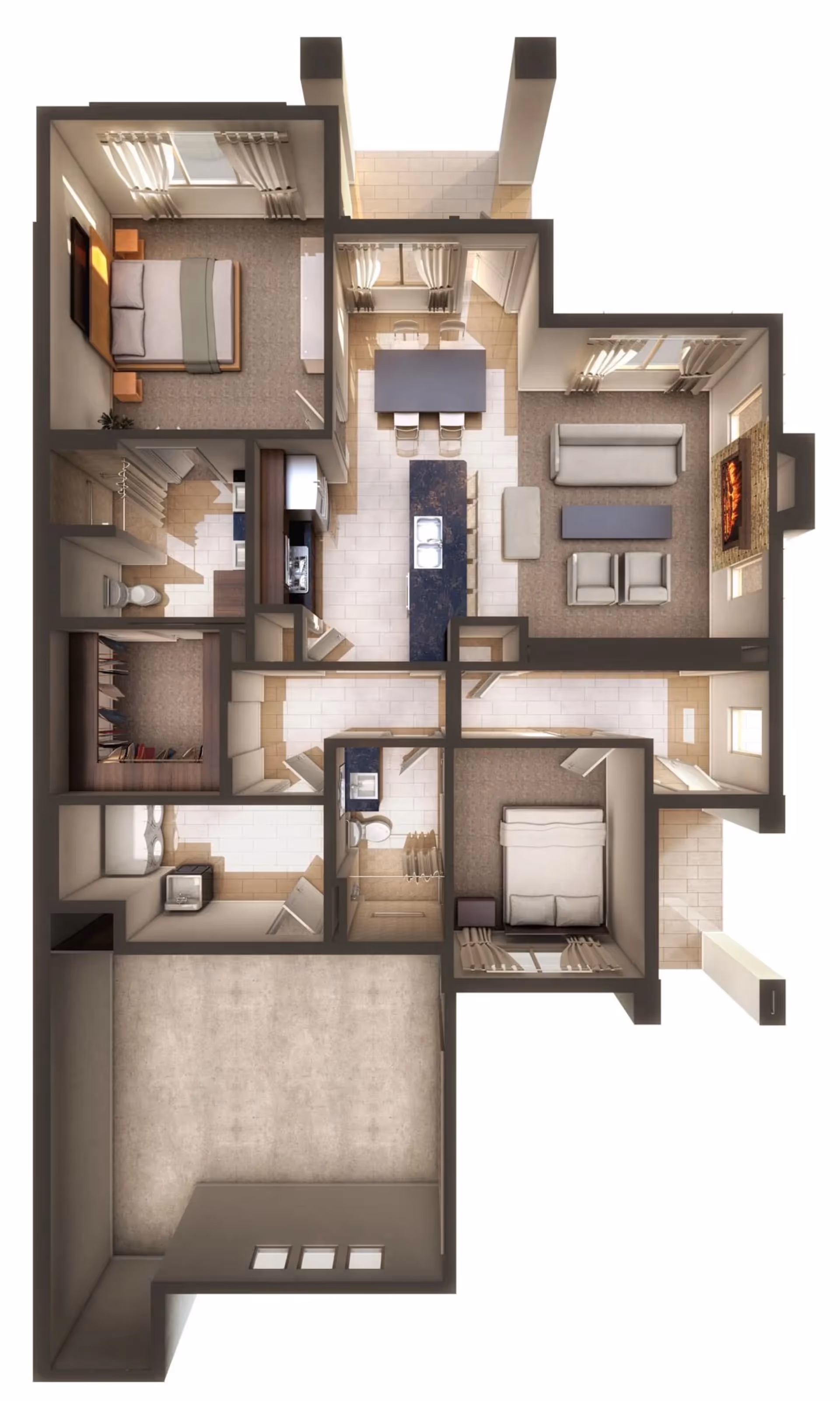 3D floor plan of an apartment showing two bedrooms, two bathrooms, a kitchen with an island, a dining area with a table and chairs, a living room with a sofa, chairs, and a fireplace, a laundry room, and a garage.