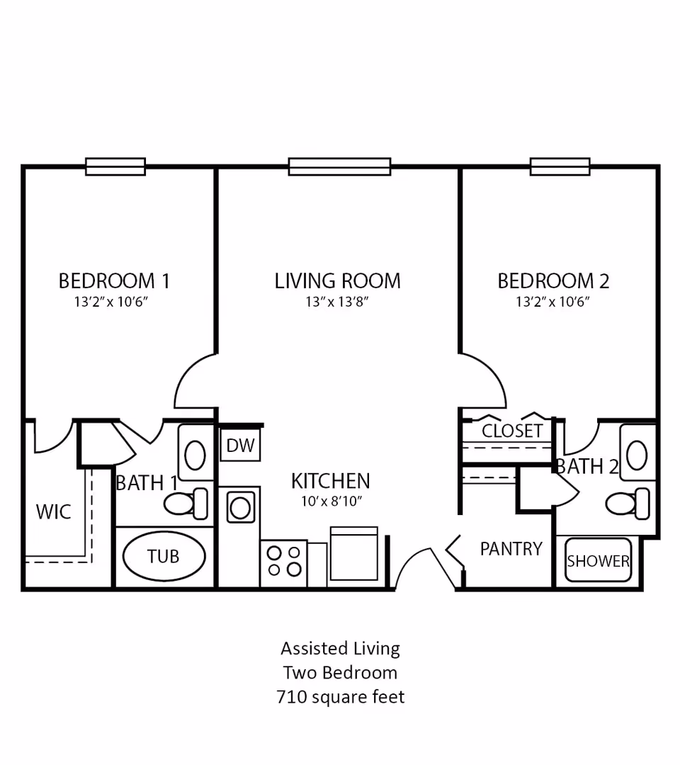 Floor plan of a two-bedroom assisted living unit at The Harrison, showing Bedroom 1 with a walk-in closet and Bath 1 with a tub, Bedroom 2 with a closet and Bath 2 with a shower, a living room, kitchen with dishwasher, pantry, and entry door. The total area is 710 square feet.