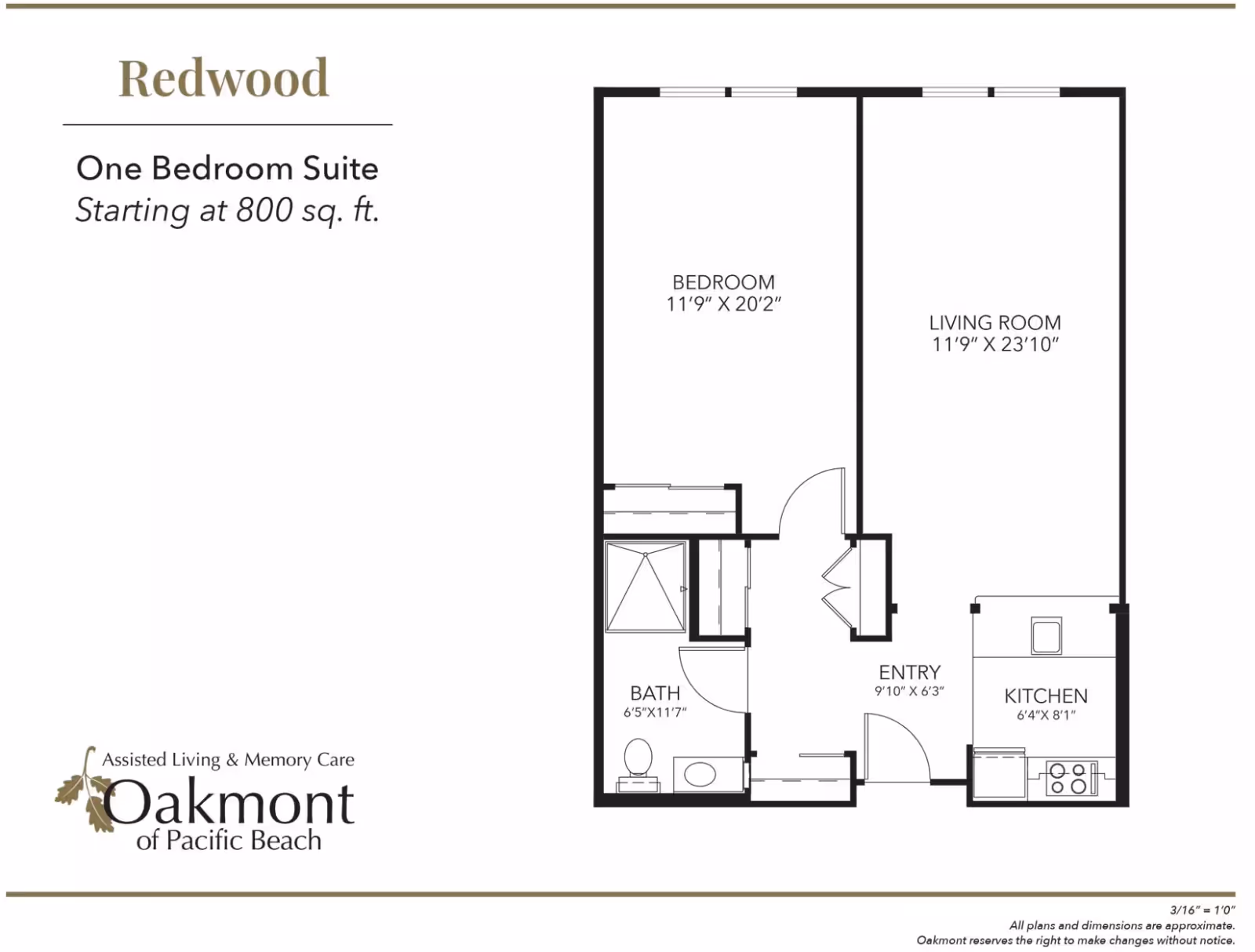 Floor plan for Redwood one bedroom suite at Oakmont of Pacific Beach, showing a bedroom, living room, kitchen, bath, and entry area with dimensions.
