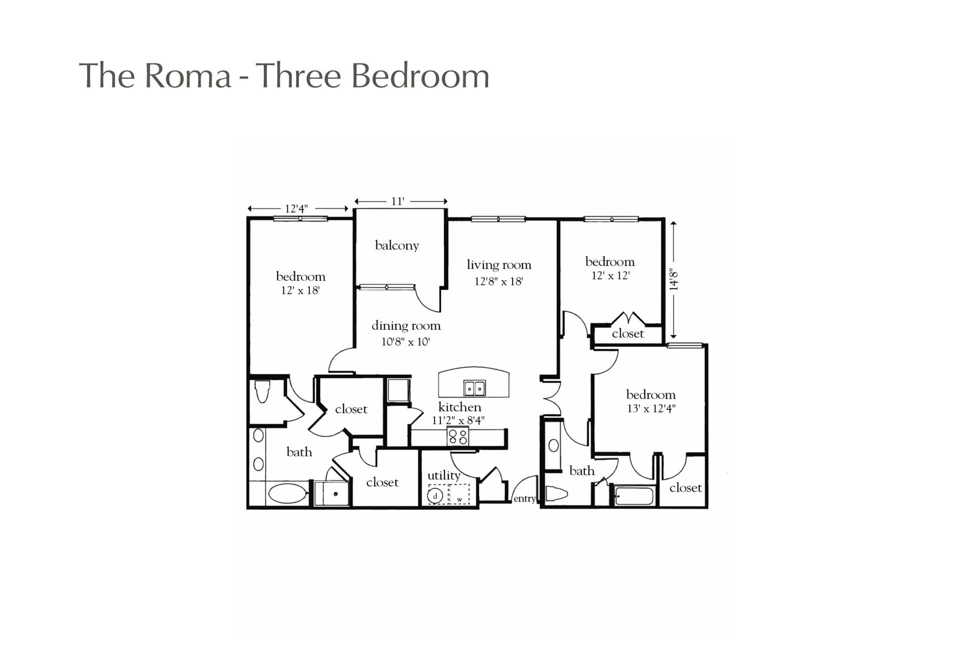 Black-and-white floor plan titled "The Roma - Three Bedroom" showing three bedrooms, living room, dining room, kitchen, bathrooms, closets and a balcony.