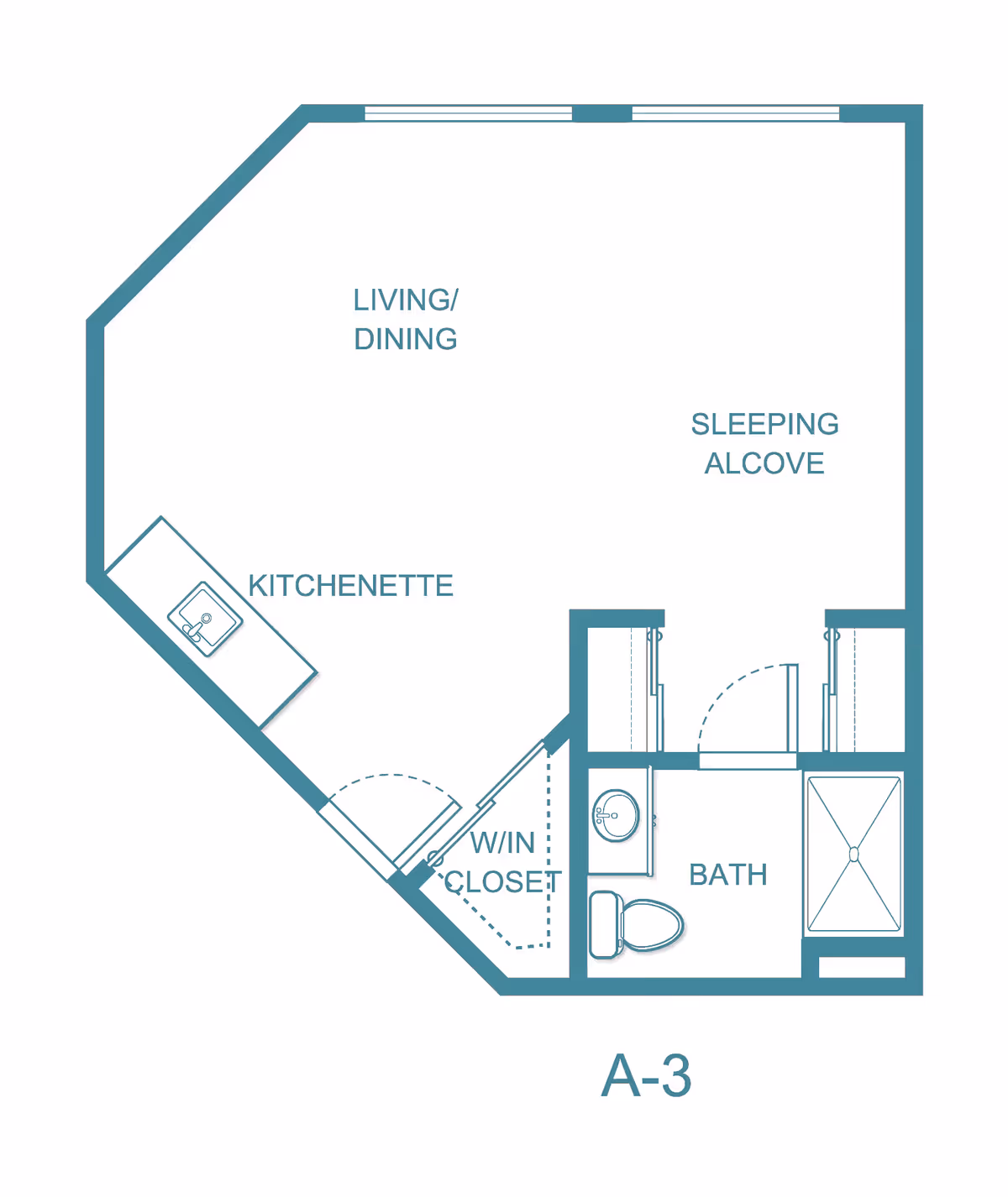 Floor plan labeled A-3 showing a living/dining area, kitchenette, walk-in closet, sleeping alcove, and a bathroom with a sink, toilet, and shower.