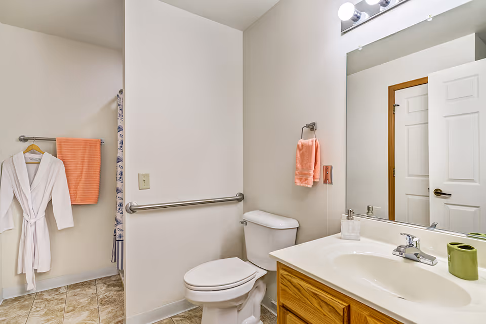 Bright bathroom showing a toilet, sink and mirror, a metal grab bar, towel racks with peach towels, and a hanging white robe.