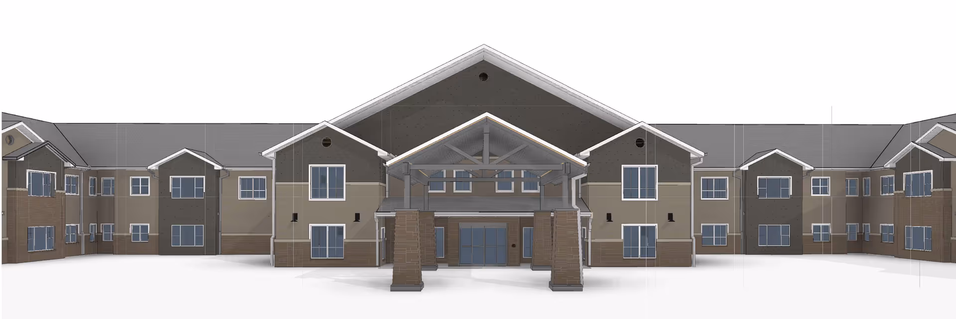 Front exterior view of a large two-story building with multiple windows and a covered entrance supported by brick pillars, designed as a retirement community facility.