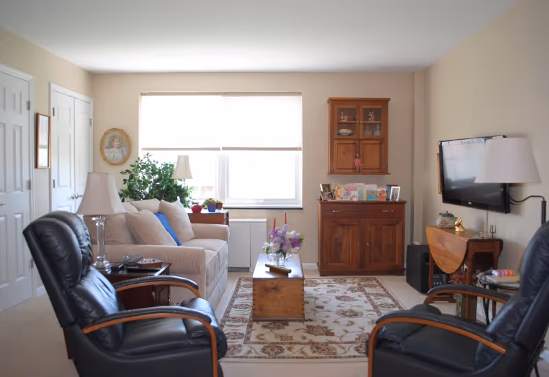 Bright living room with a sofa, two black leather armchairs, wooden coffee table, rug, cabinets and a wall-mounted TV.