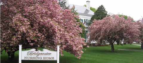 A nursing home building partially visible behind large trees with pink blossoms and a well-maintained green lawn. In the foreground, there is a white sign that reads 'Bridgewater Nursing Home.'