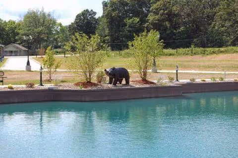 A serene outdoor scene featuring a clear blue pond with a stone edge, small trees planted along the edge, and a bear statue situated among the trees. In the background, there is a grassy area, a road, and a few scattered trees under a partly cloudy sky.
