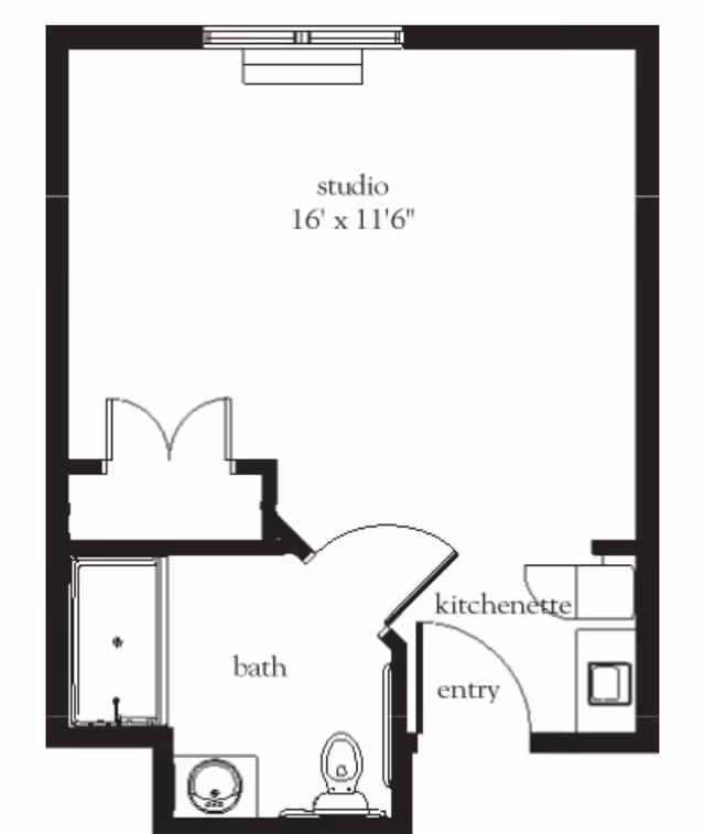 Floor plan of a studio apartment at Atria North Point showing a 16 by 11 feet 6 inches main studio area, a bath with a shower, toilet, and sink, a kitchenette, and an entry area.
