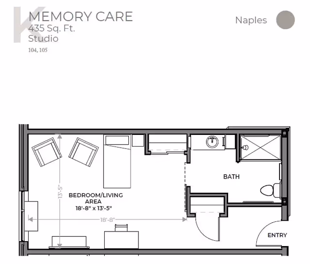 Floor plan of a memory care studio apartment at Global Pointe Senior Living, showing a combined bedroom and living area with two chairs, a bed, and a dresser. The plan also includes a bathroom with a sink, toilet, and shower, and an entry door.
